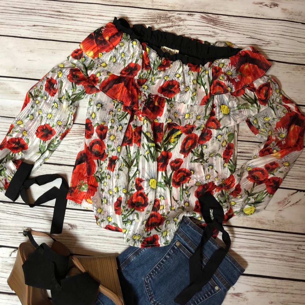 MeBon Fields Of Poppies Blouse On/Off Shoulder Top